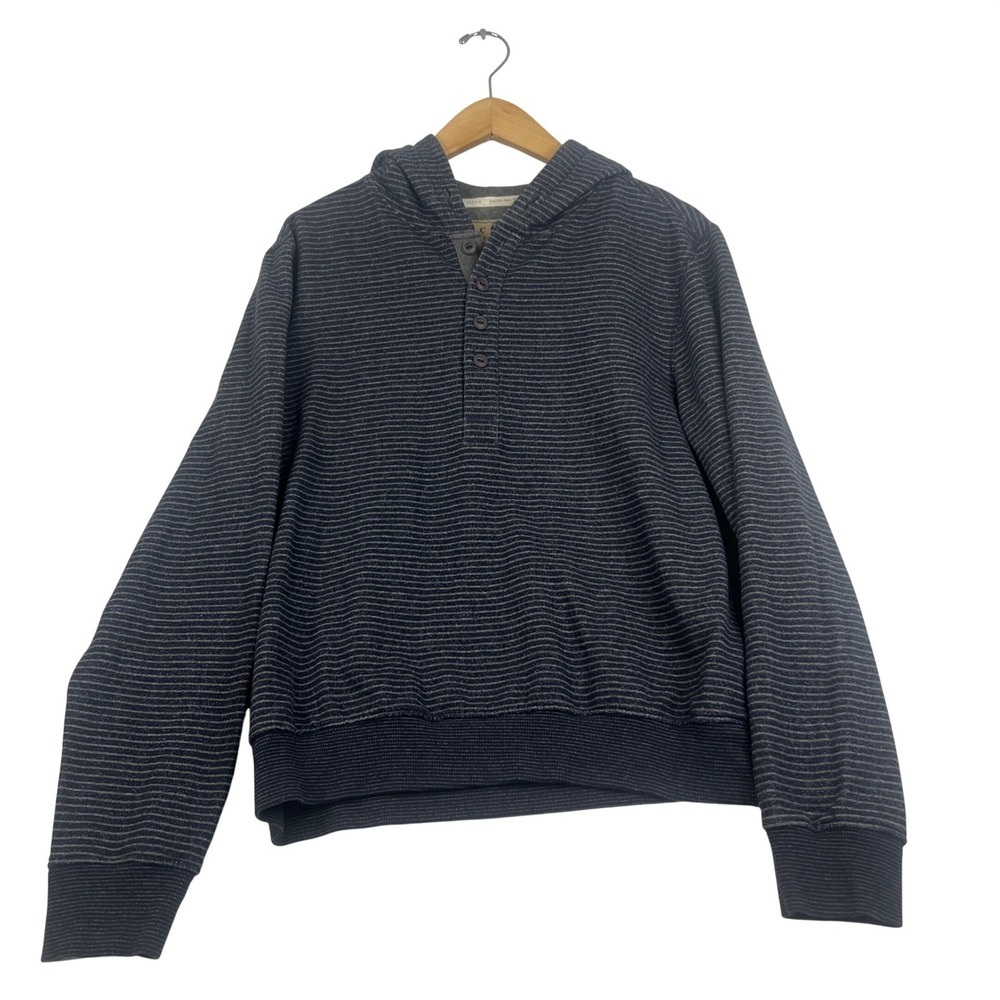 Jachs New York Mens Recycled Fleece Striped Henley Hoodie Navy Blue S
